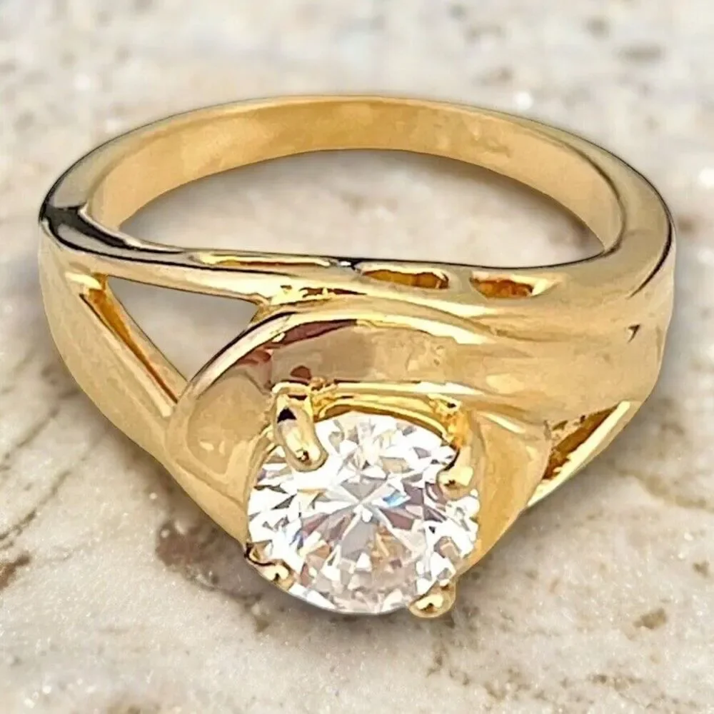 Vintage 1970s Ring Size 8 CZ Solitaire Openwork Gold Plated Band - 14R